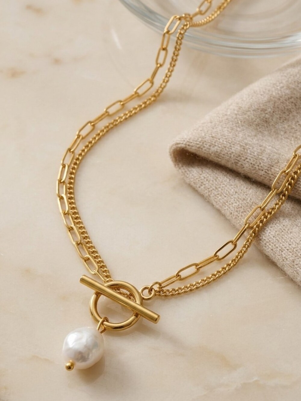 Gold Double-Chain Necklace with Pearl Drop